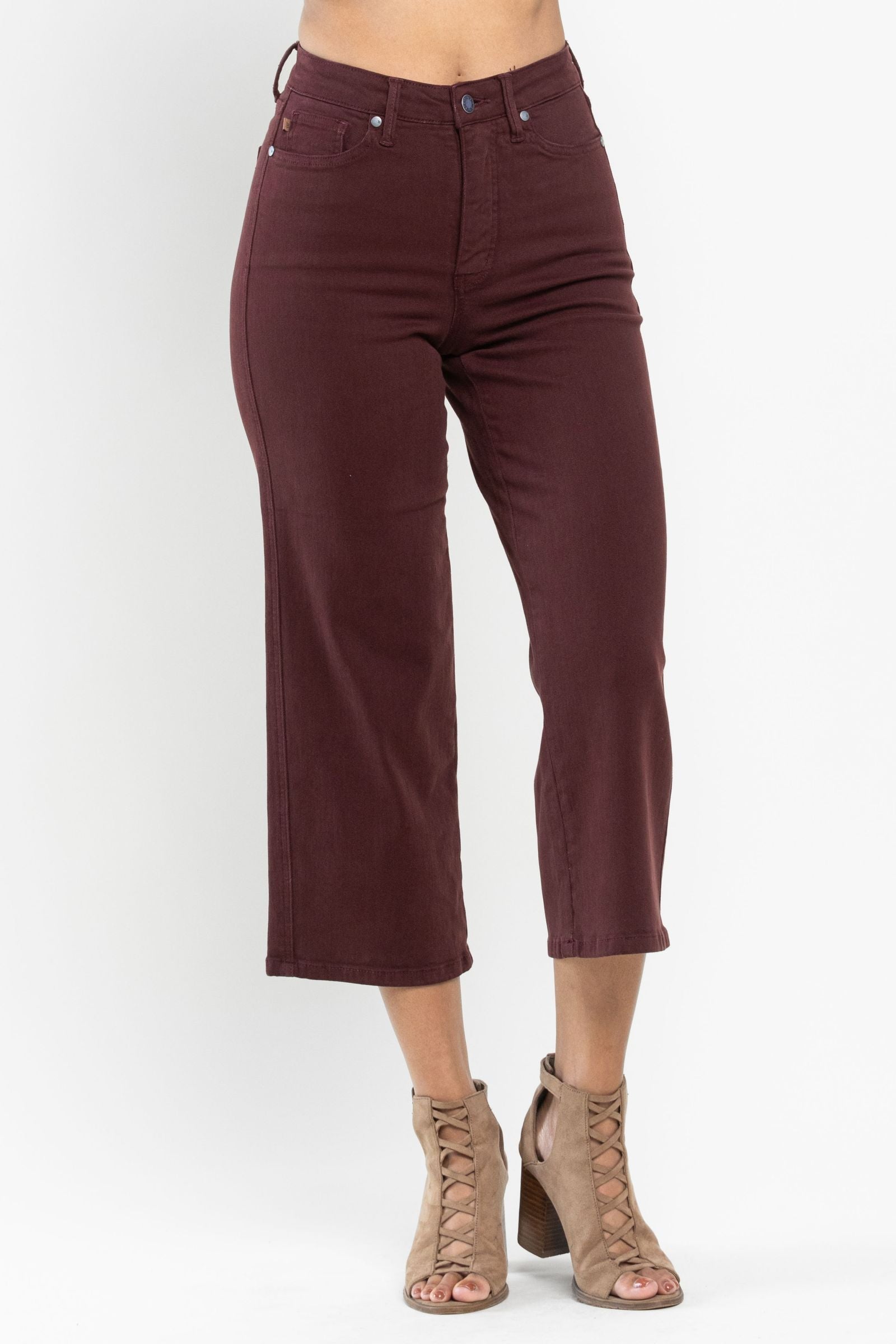 Judy Blue HW Wine Tummy Control Garment Dyed Wide Crop - Curvy Size