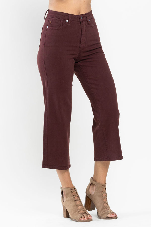 Judy Blue HW Wine Tummy Control Garment Dyed Wide Crop - Curvy Size