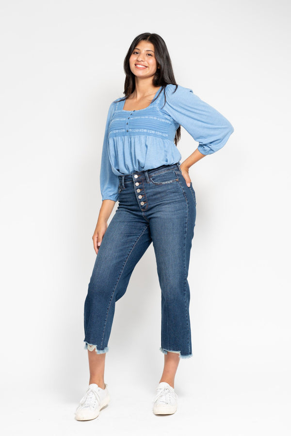Judy Blue HW Button Fly Destroy Hem Crop Wide
