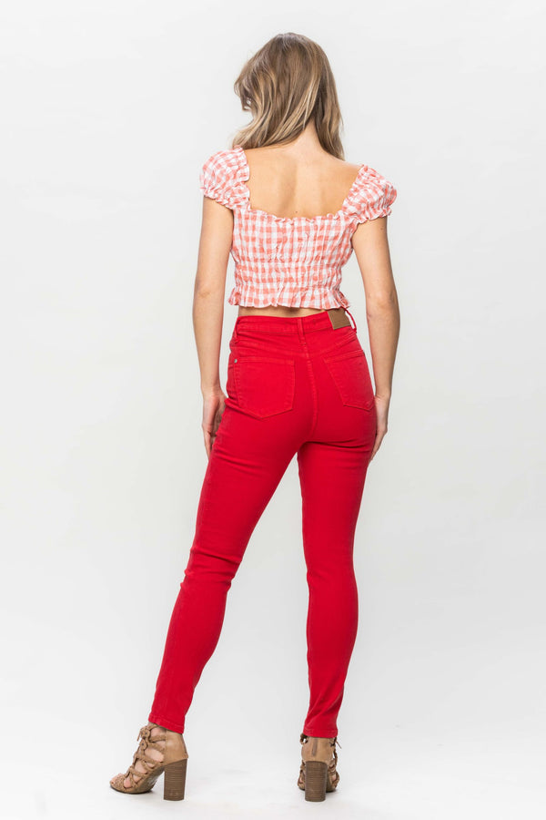 JUDY BLUE -High Waist Tummy Control Garment Dyed Skinny in Red