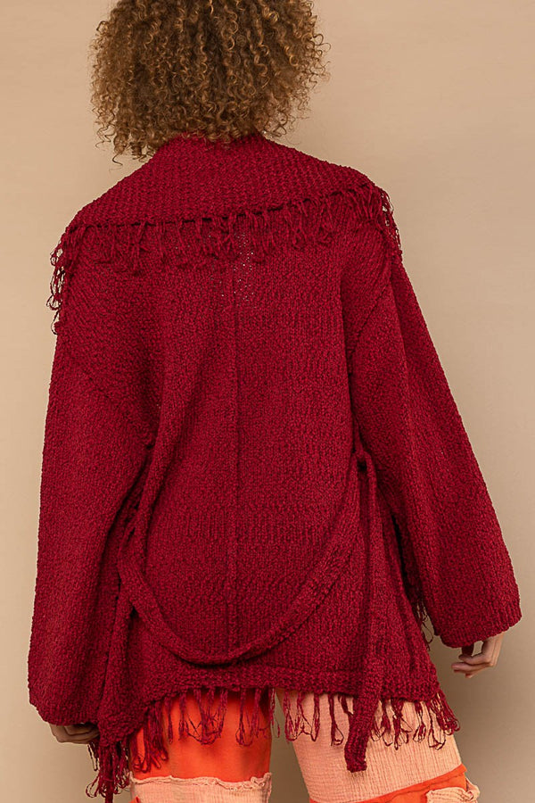 POL Open Front Shawl Collar Waist Tie Cardigan Sweater