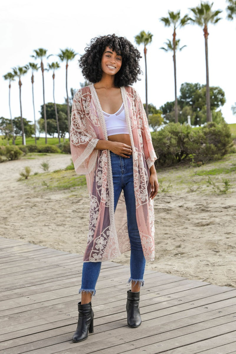 Contrast Mesh Cotton Lace Kimono - 5 Colors!