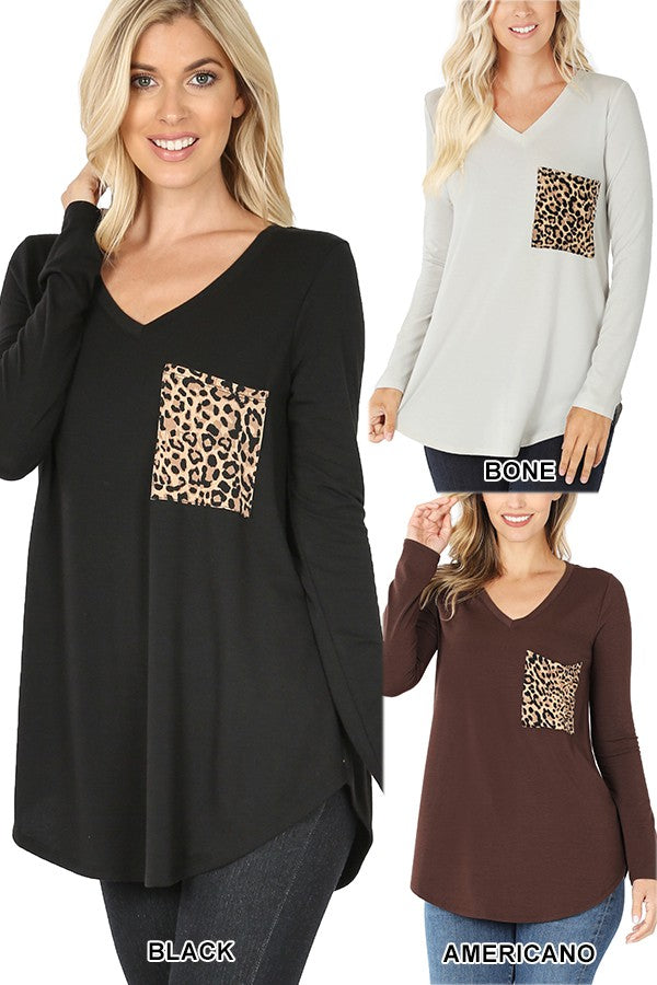 BLACK FRIDAY Long Sleeve V-neck Leopard Print Pocket Top