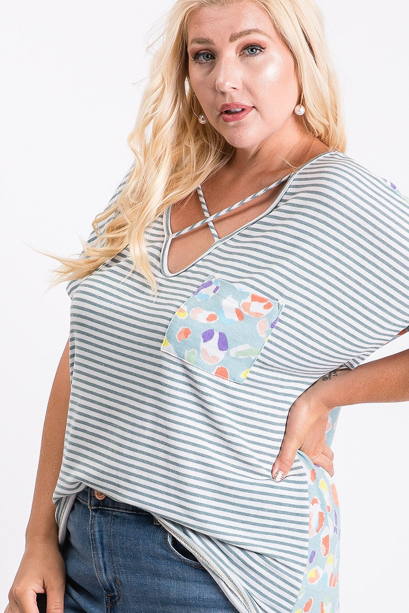 Stripe and Cute Animal print mix and match top w/pockets - Curvy Size