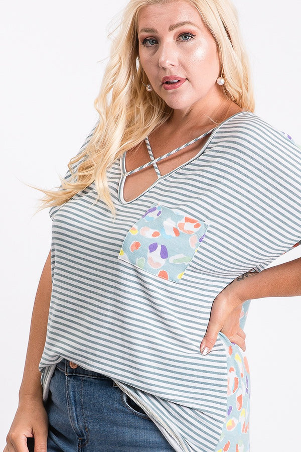 Stripe and Cute Animal print mix and match top w/pockets - Curvy Size