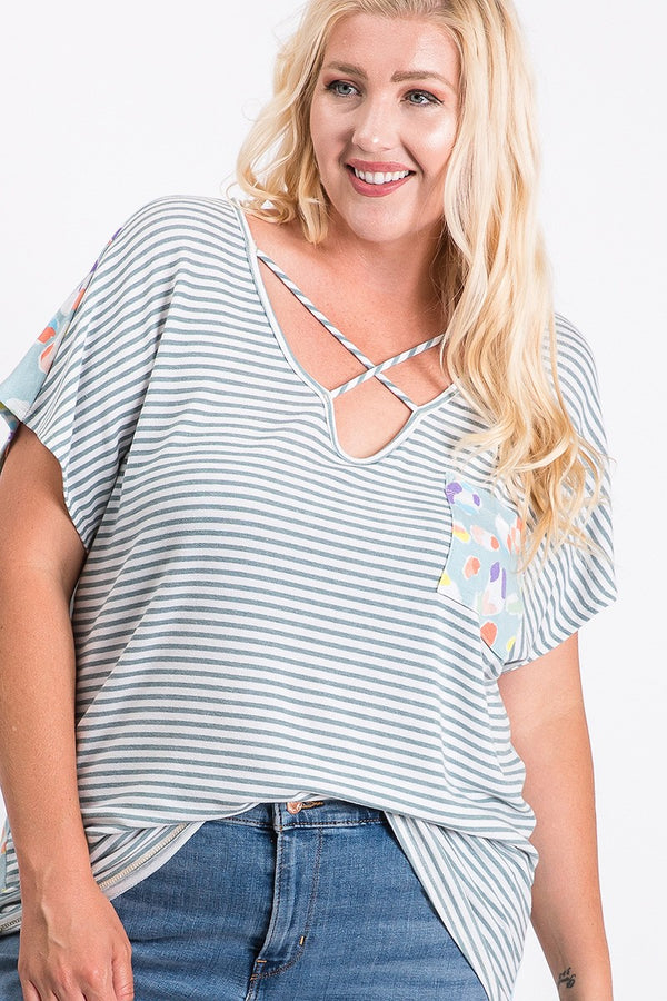 Stripe and Cute Animal print mix and match top w/pockets - Curvy Size