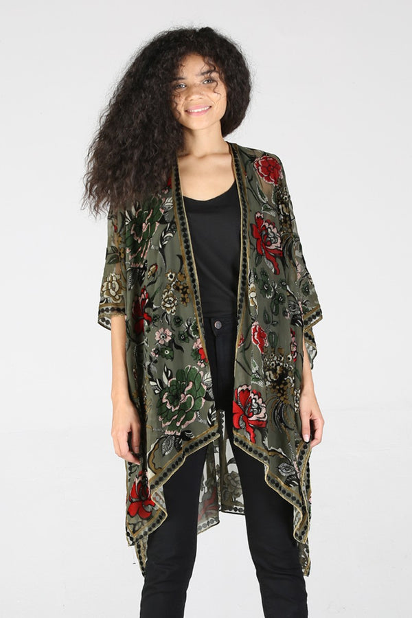 Burnout Velvet Floral Design Kimono