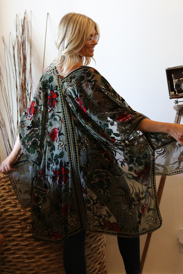 Burnout Velvet Floral Design Kimono
