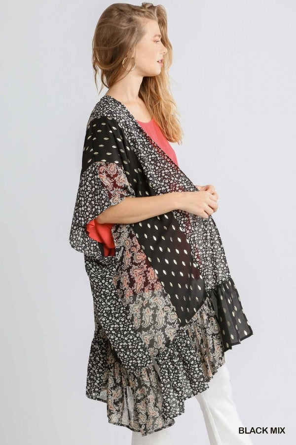 Umgee Sheer Mixed Print Open Front Kimono