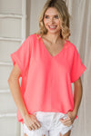 Solid V-neck Short Sleeve Relaxed Fit Woven Top