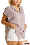 Washed Button Down Frayed Hem Top - Curvy Size
