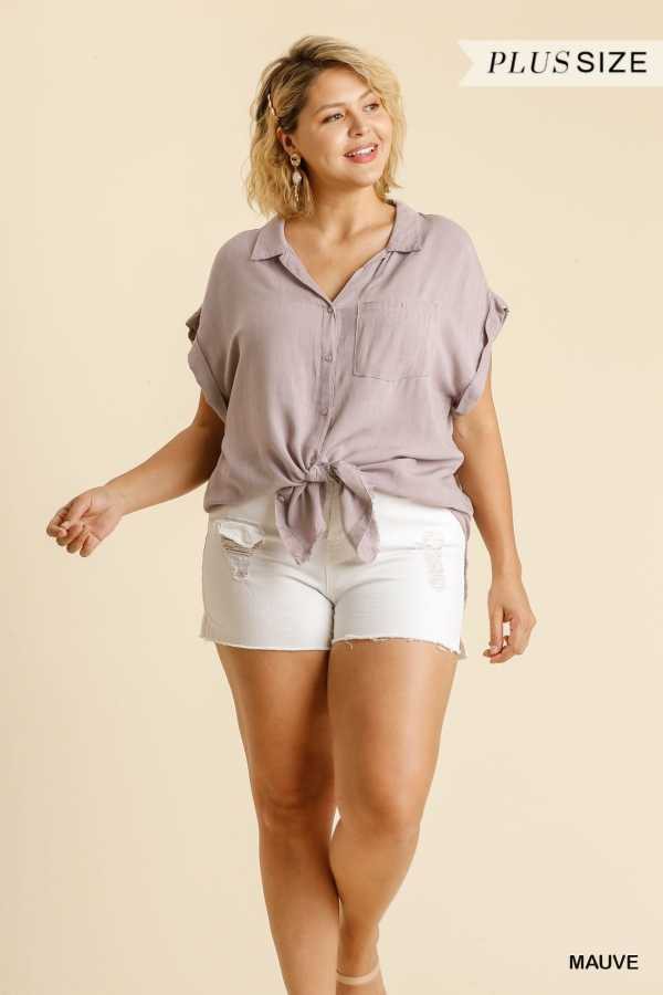 Washed Button Down Frayed Hem Top - Curvy Size