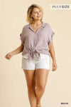 Washed Button Down Frayed Hem Top - Curvy Size