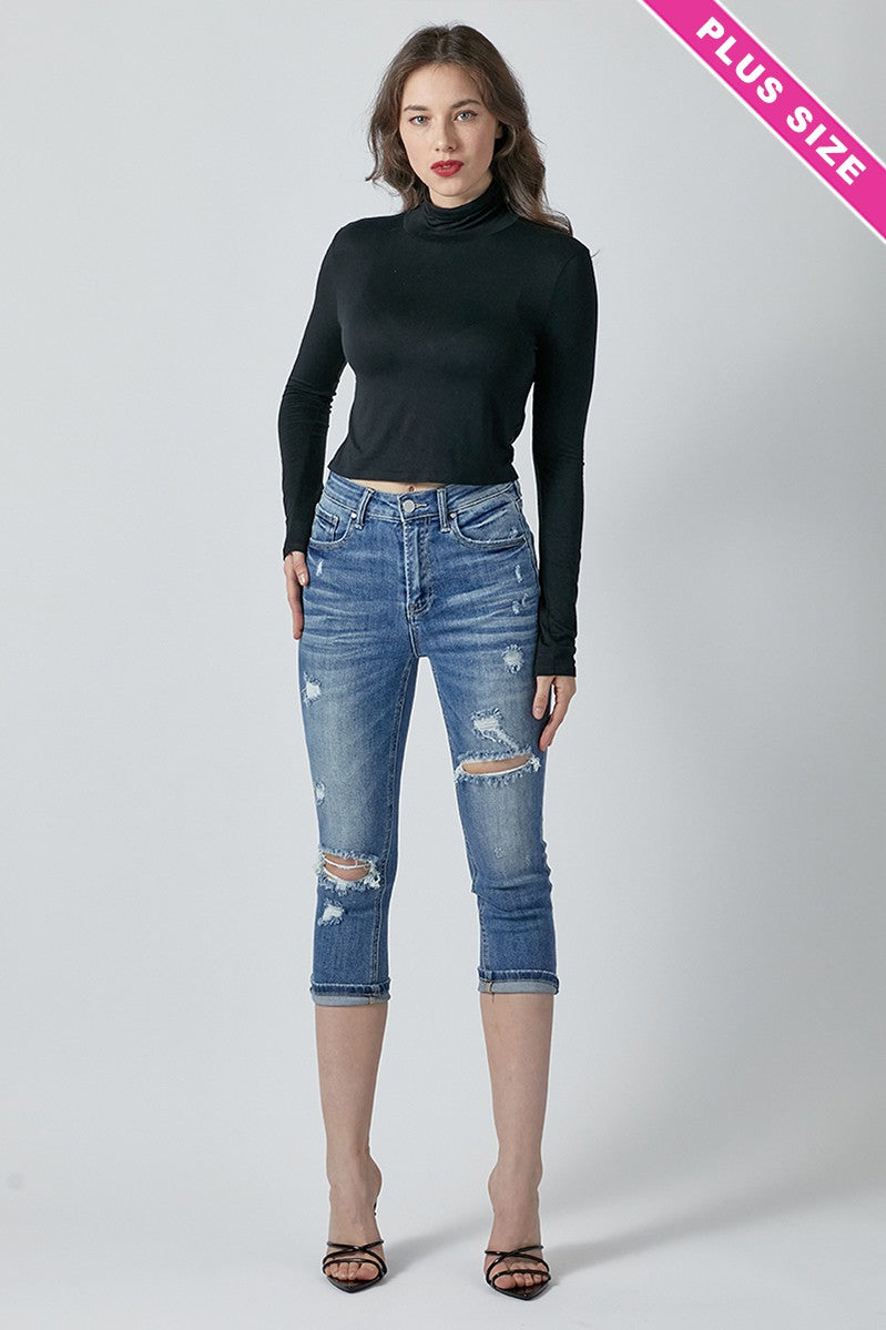 Risen High Waist Distressed Capri - Curvy Size
