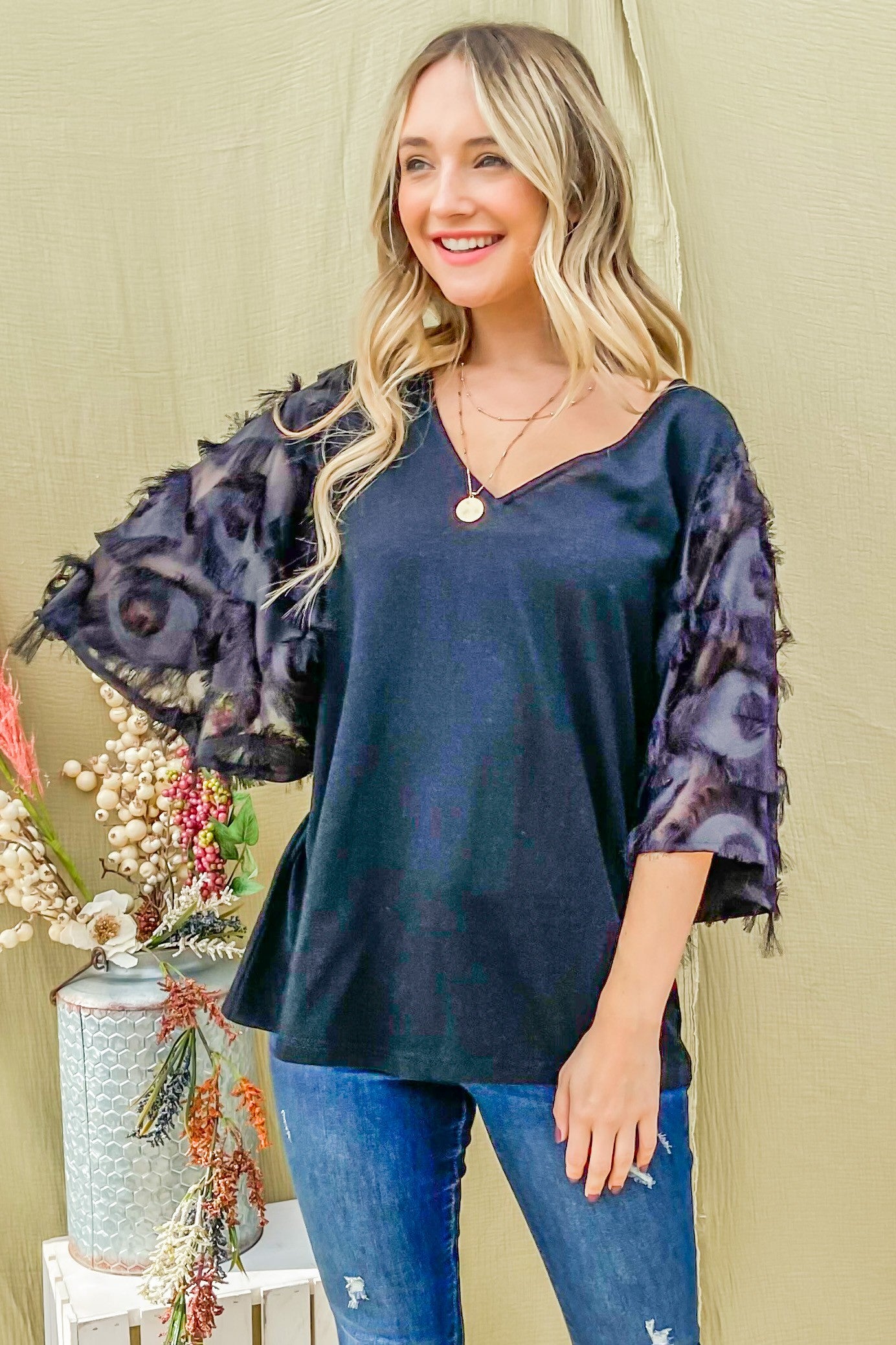 Feather Detailed 3/4 Sleeve Slub Top - 8 Colors