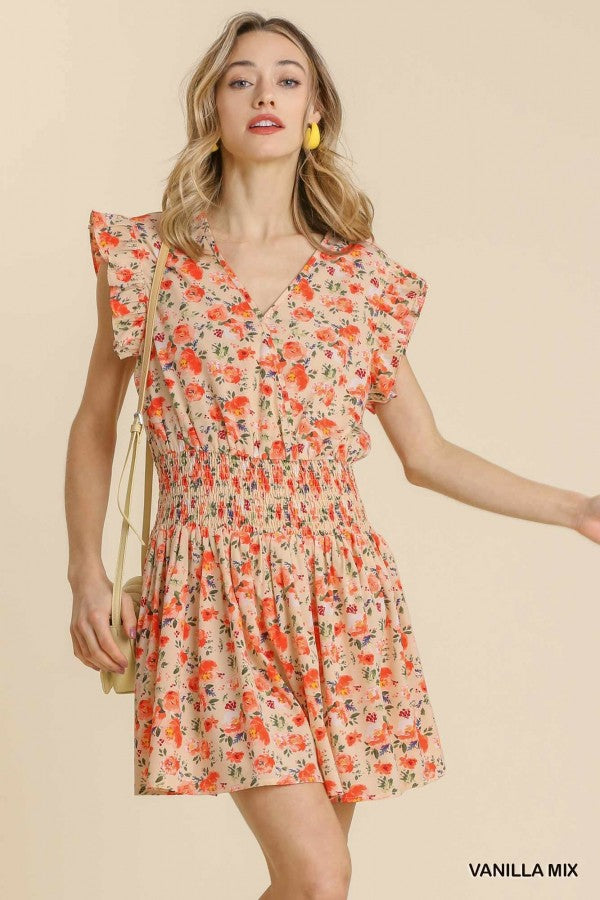 Umgee Floral Print Dress with Short Ruffle Sleeves