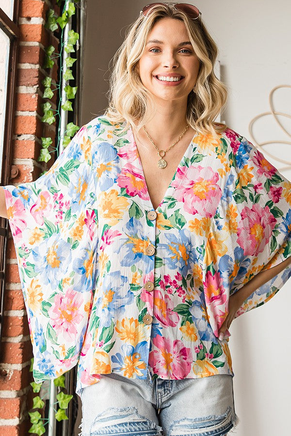 First Love Floral Print Short Wide Sleeve Button Down Top - Curvy Size