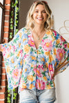 First Love Floral Print Short Wide Sleeve Button Down Top - Curvy Size