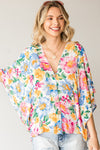 First Love Floral Print Short Wide Sleeve Button Down Top - Curvy Size