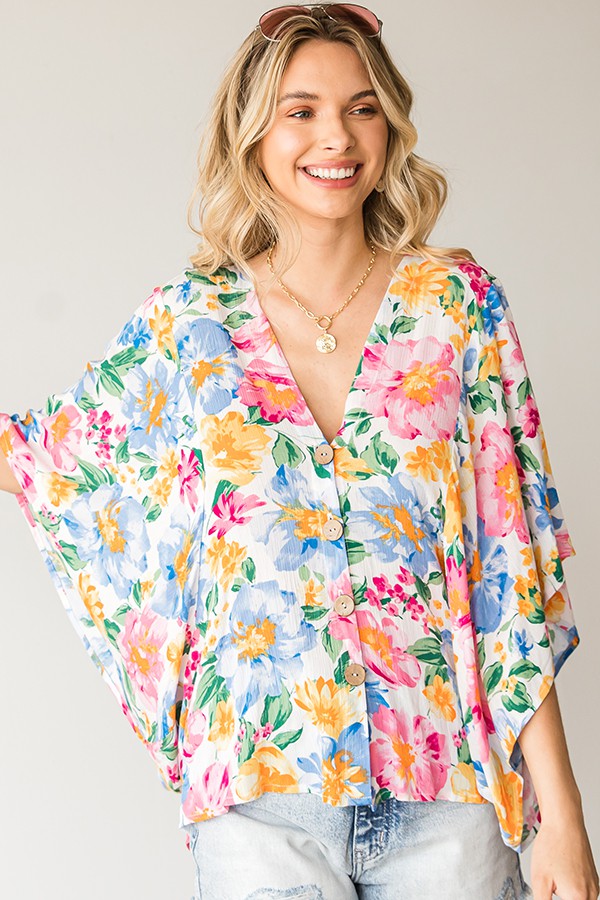 First Love Floral Print Short Wide Sleeve Button Down Top - Curvy Size