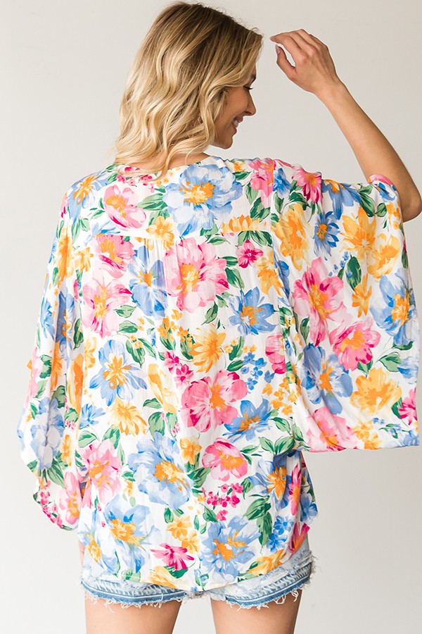 First Love Floral Print Short Wide Sleeve Button Down Top - Curvy Size
