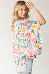First Love Floral Print Short Wide Sleeve Button Down Top - Curvy Size