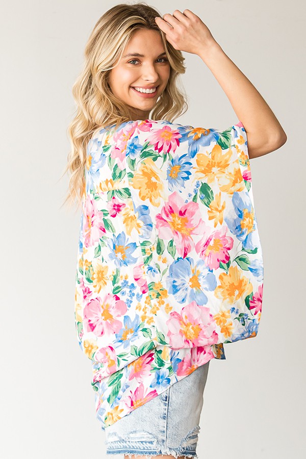 First Love Floral Print Short Wide Sleeve Button Down Top - Curvy Size