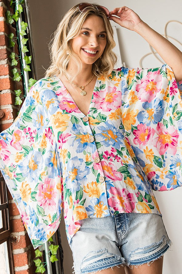 First Love Floral Print Short Wide Sleeve Button Down Top - Curvy Size