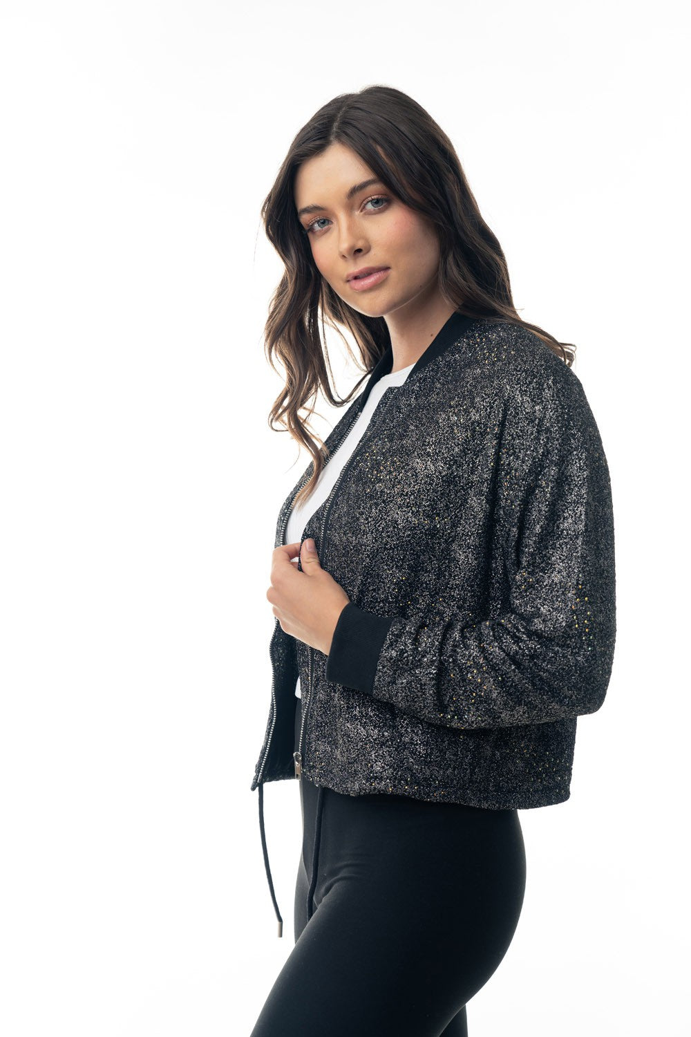 Long Sleeve Metallic Lurex Knit Cropped Jacket - 2 Colors