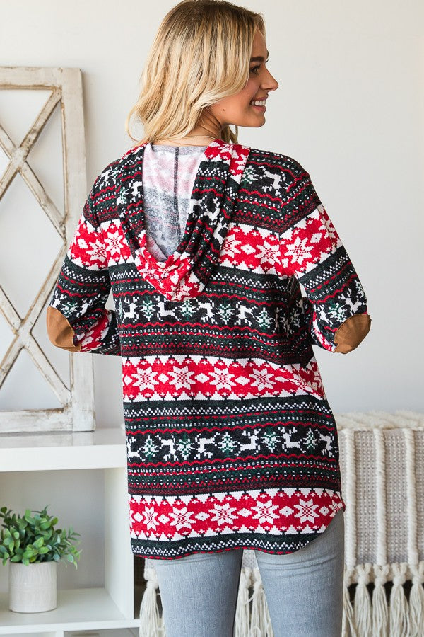 Drawstring Hood Christmas Top with Elbow patch detail