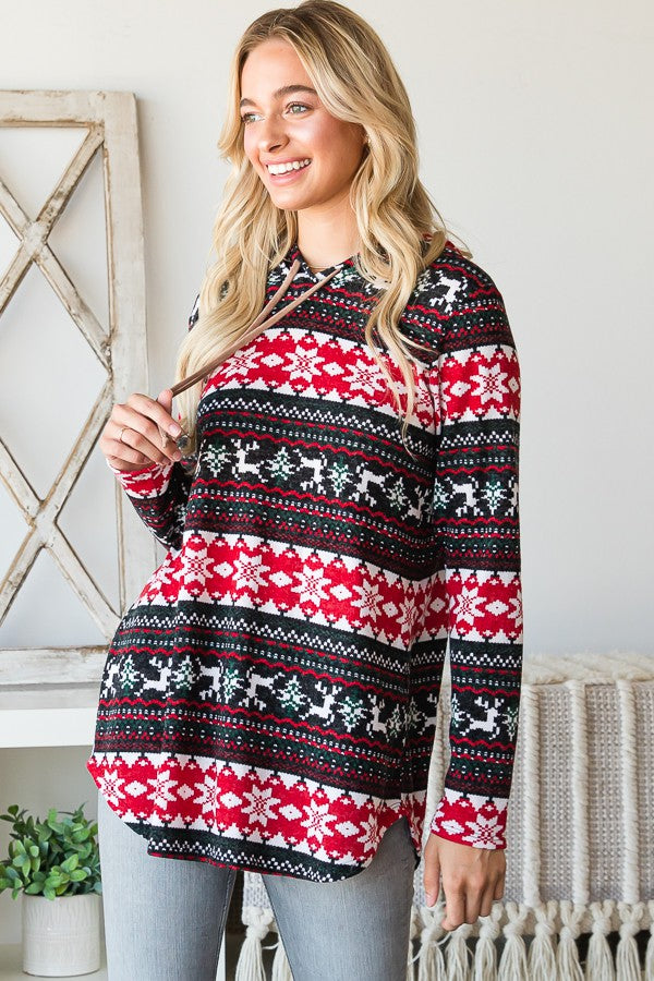 Drawstring Hood Christmas Top with Elbow patch detail
