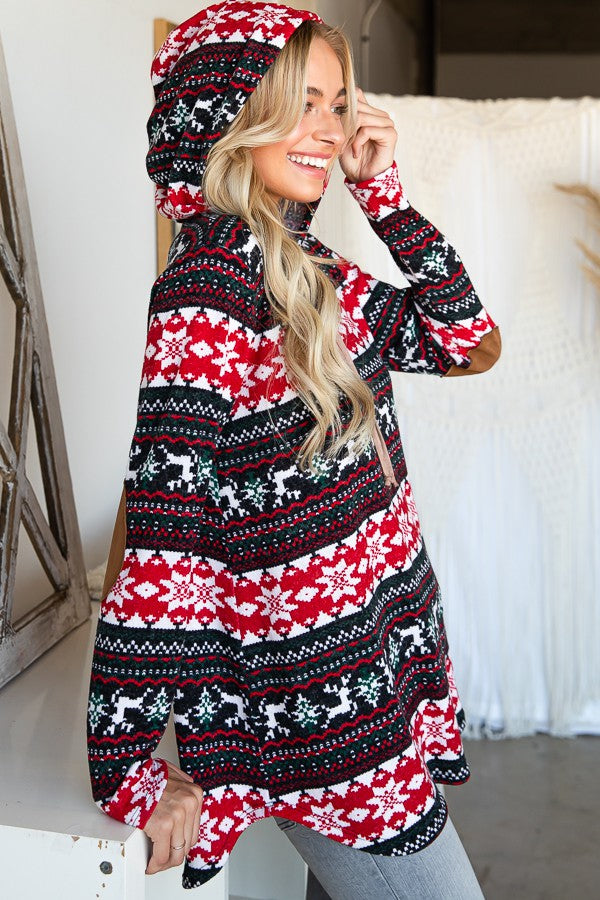 Drawstring Hood Christmas Top with Elbow patch detail