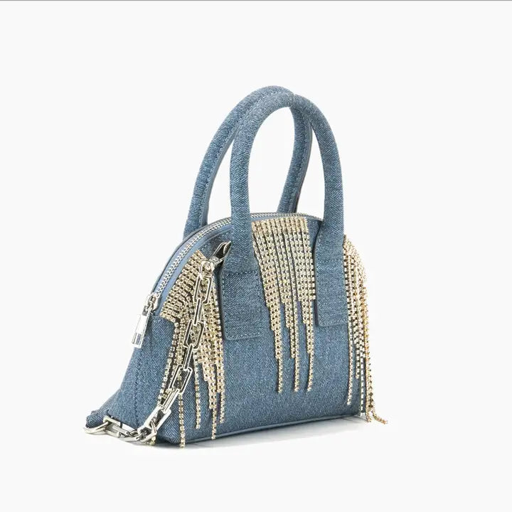 Half Moon Denim Rhinestone Crossbody Purse