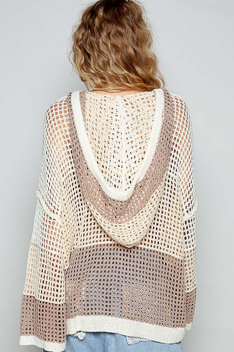 POL Oversize open knit color block dumpy hood sweater