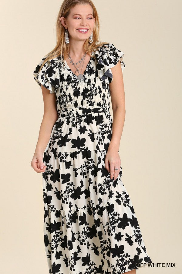 Umgee Printed V-Neck Short Sleeve Maxi Dress