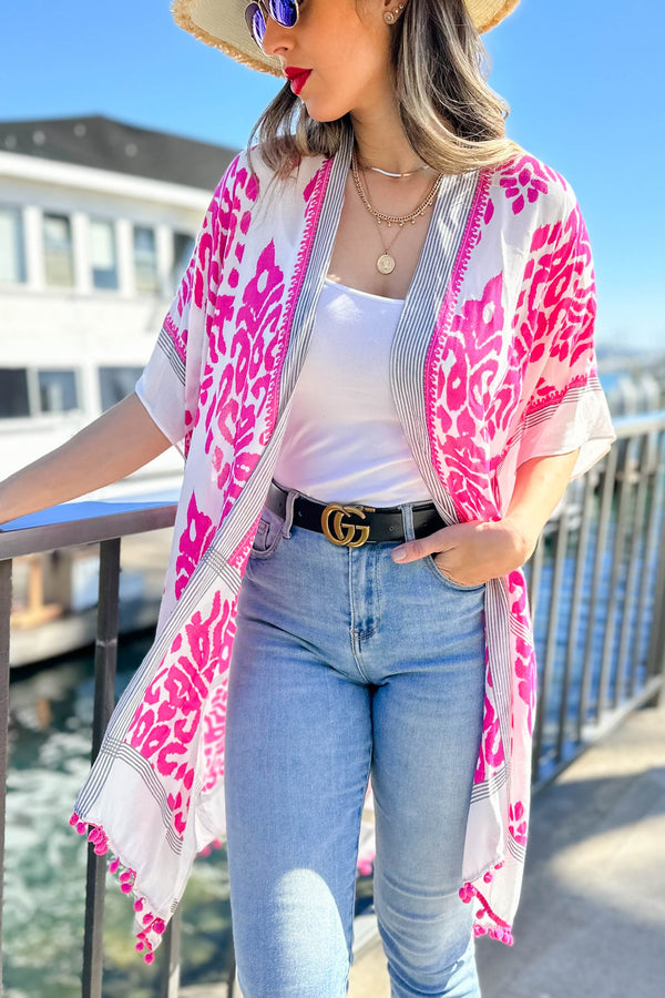 Damask Flower Printed Kimono Cardigan With Trim - 2 Colors