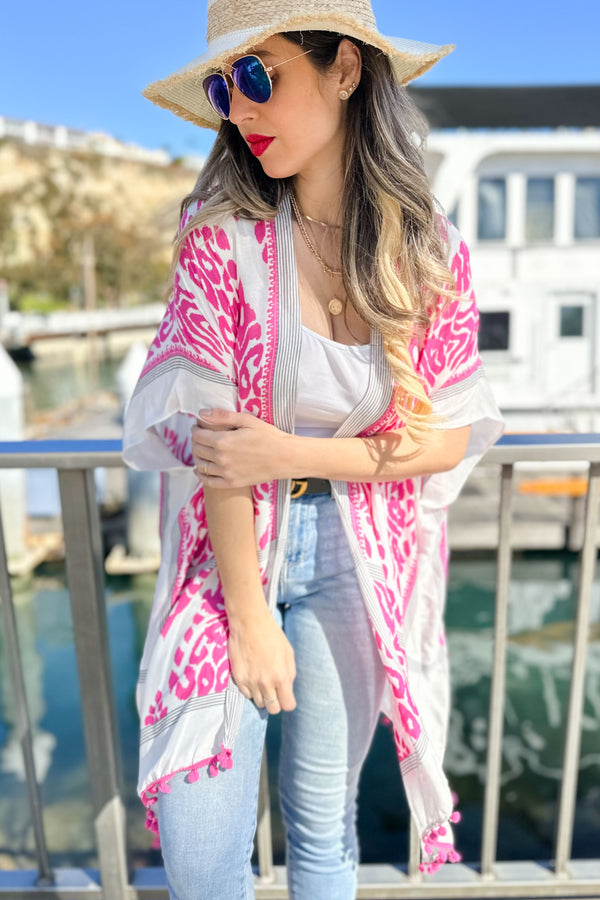 Damask Flower Printed Kimono Cardigan With Trim - 2 Colors