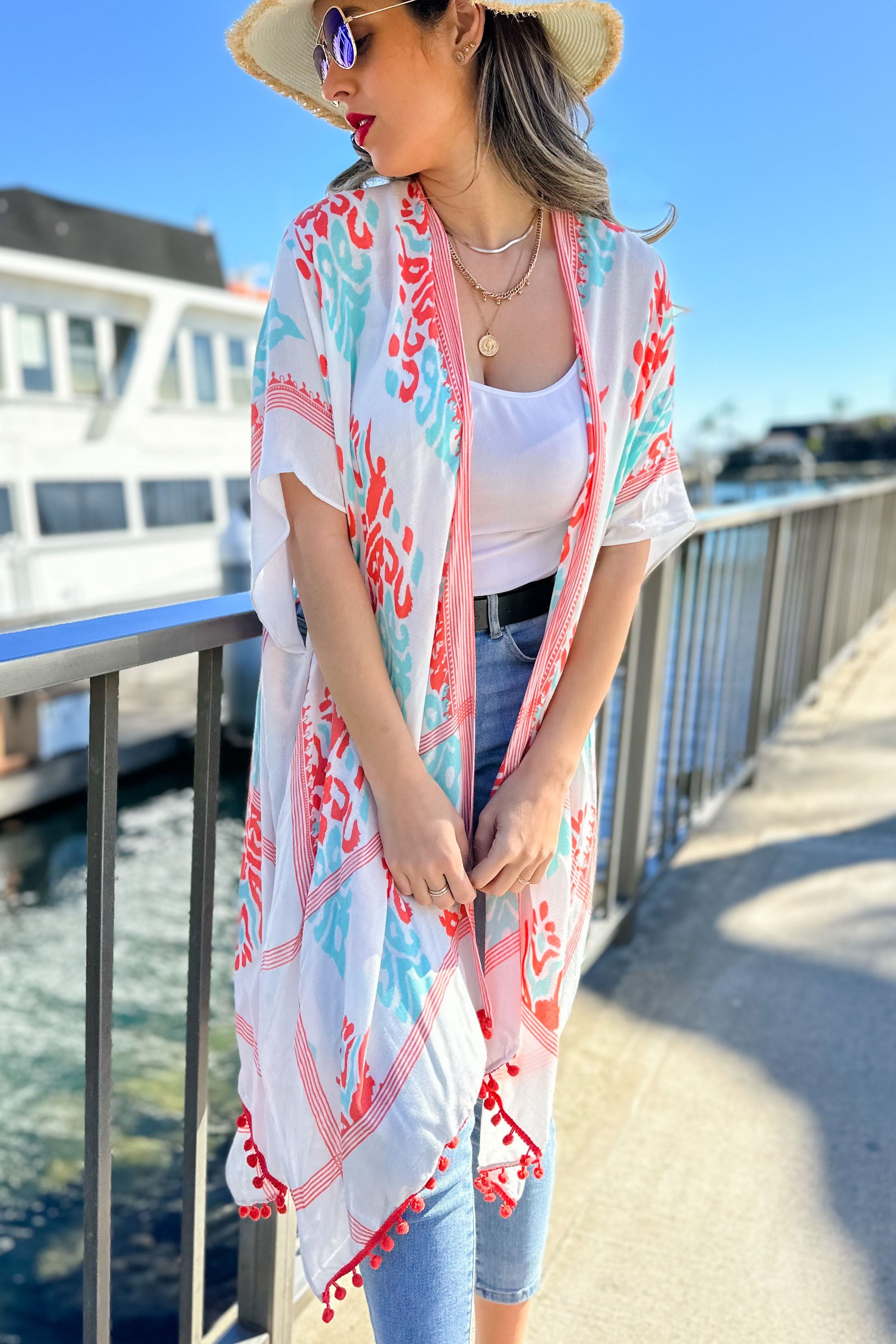 Damask Flower Printed Kimono Cardigan With Trim - 2 Colors