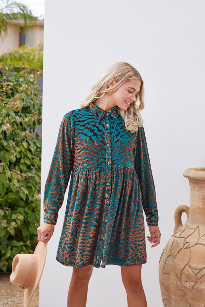 Velvet Leopard Button-up Baby Doll Dress - Curvy Size