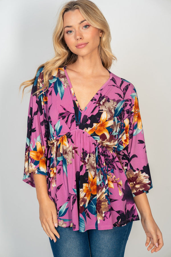 Three Quarter Sleeve Floral Print Knit Top - Curvy Size