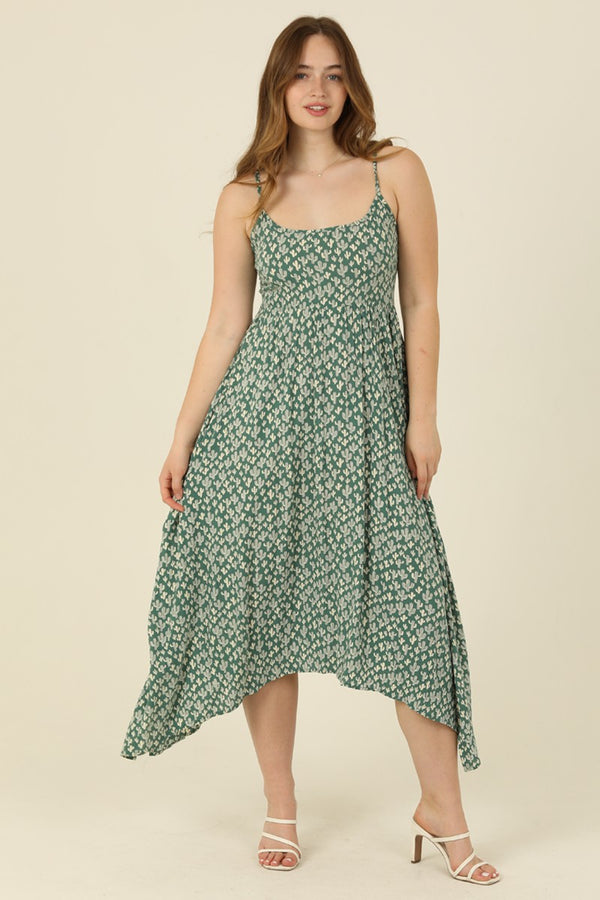 Cactus Print Scarf Hem Midi Dress