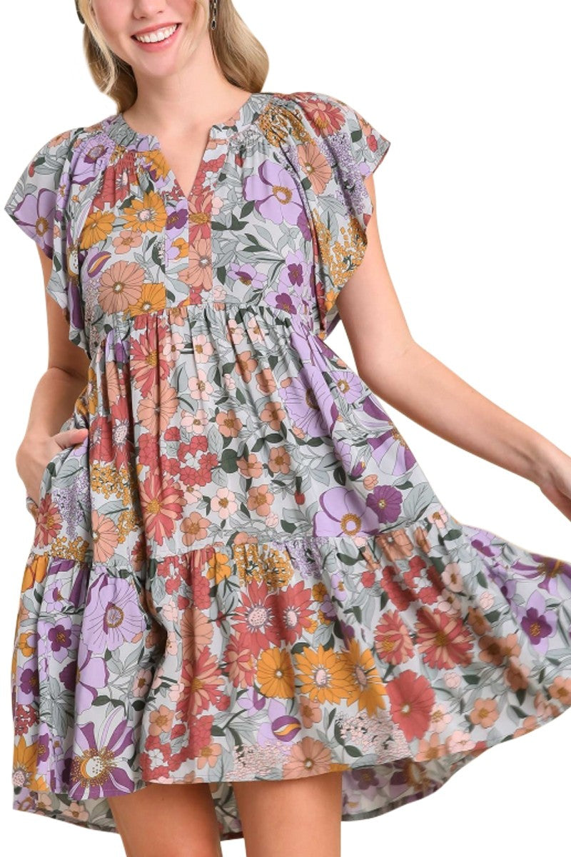 Floral Print Dress with Flutter Sleeves - 2 Colors
