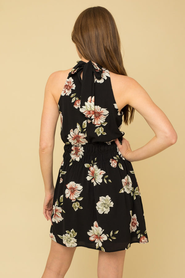 Sleeveless Halter Neck Floral Print Dress