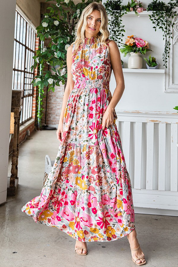 SALE First Love Floral Print Smocked Waist Sleeveless maxi Dress - Curvy Size