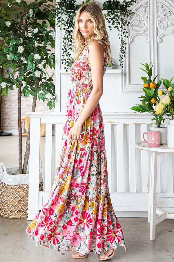 SALE First Love Floral Print Smocked Waist Sleeveless maxi Dress - Curvy Size