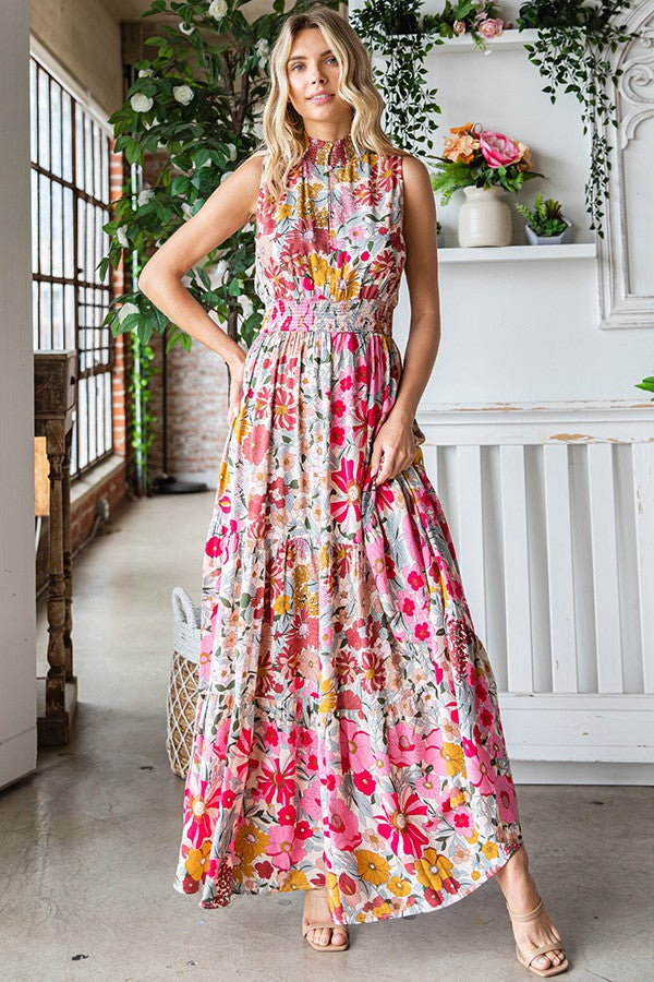 SALE First Love Floral Print Smocked Waist Sleeveless maxi Dress - Curvy Size