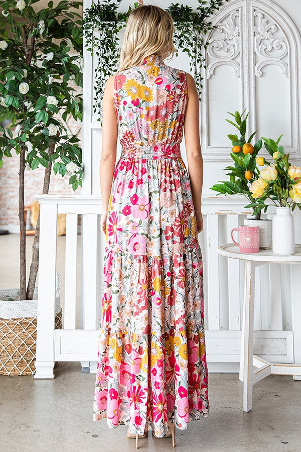 SALE First Love Floral Print Smocked Waist Sleeveless maxi Dress - Curvy Size