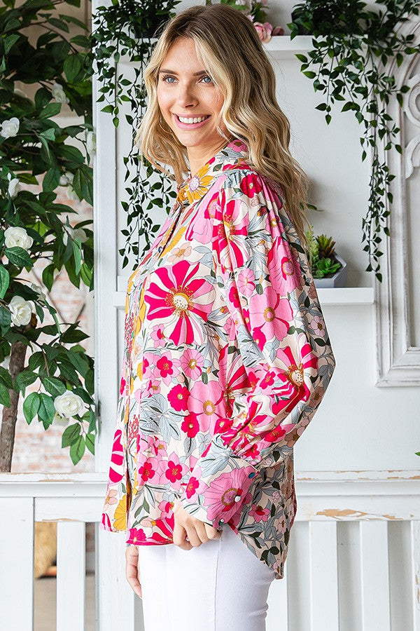 First Love Floral Print Button Down Long Sleeve Shirt - Curvy Size