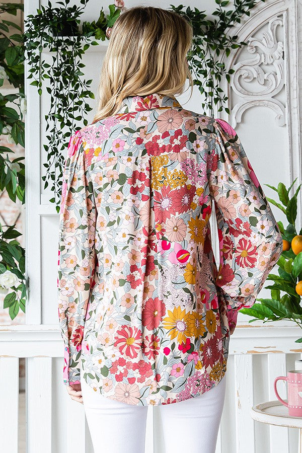 First Love Floral Print Button Down Long Sleeve Shirt - Curvy Size