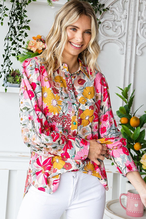 First Love Floral Print Button Down Long Sleeve Shirt - Curvy Size